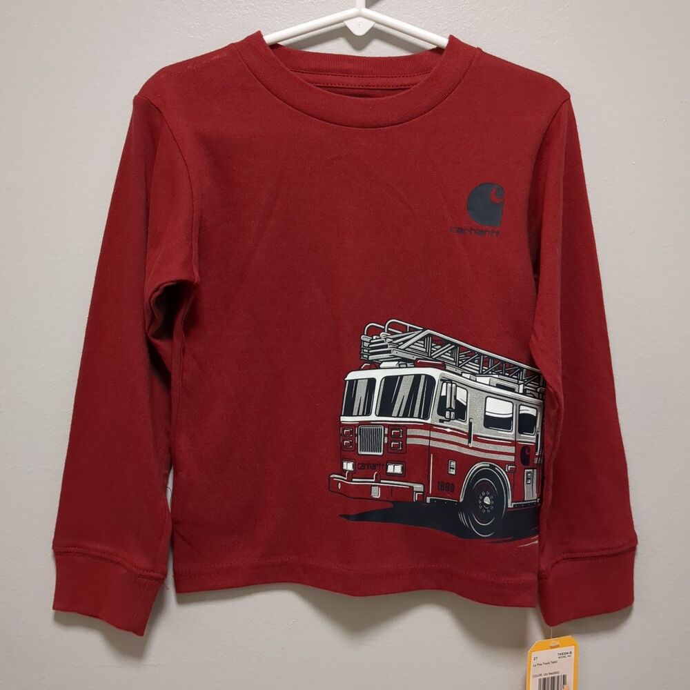 NEW Carhartt Red Long Sleeve Cotton Firetruck Shirt Tee Tshirt - Boys Size 2T